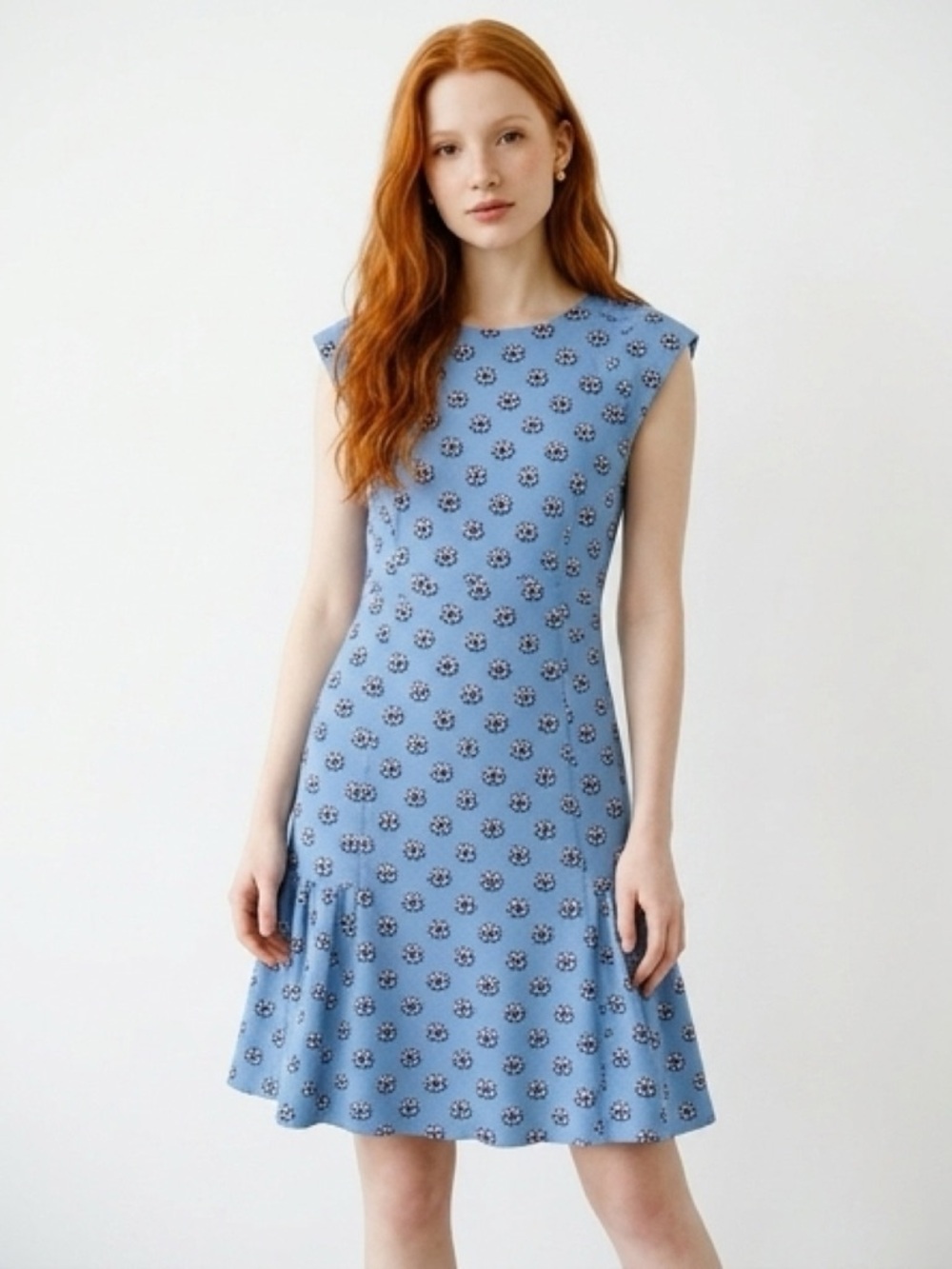 Sandro Paris Blue Floral Print Mini Dress with Cap Sleeves and Ruffle Hem size 1